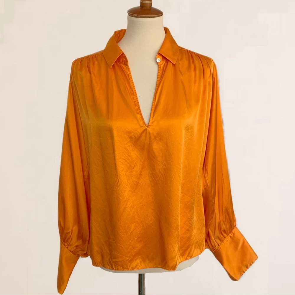 Frame 100% Silk Blouse Keyhole Button Front Balloon Sleeves Button Cuffs Orange